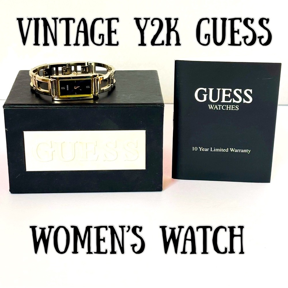 Vintage Y2K Guess Women’s Black & Silver Toned Rectangular Chain Bracelet Watch
